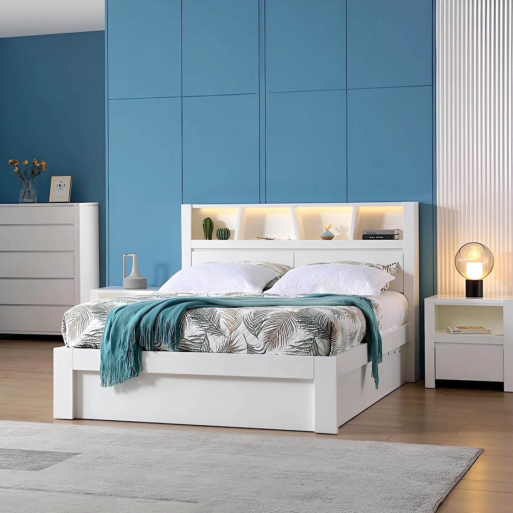 Emma bed frame in gloss white colour, comes with led light headboard, USB charger, gas lift base and drawers base