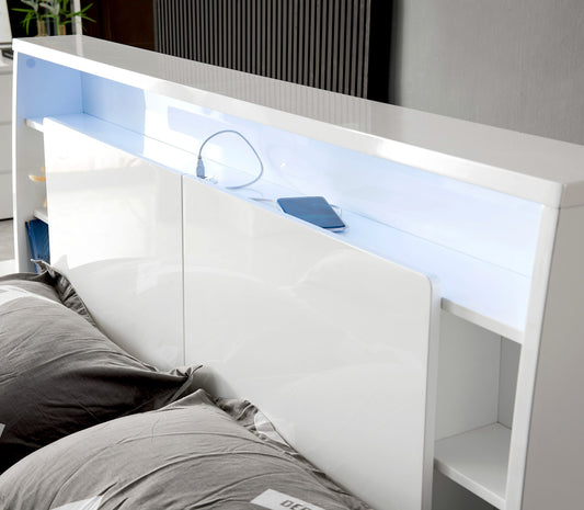 Gloss white bed with led lights in headboard