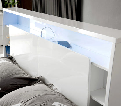 Argo bed frame with USB charger, bookshelf and storage in headboard, white colour