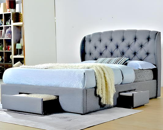 Grey colour Fabric upholstered platform bed queen size - Harvey bed frame with drawers storage