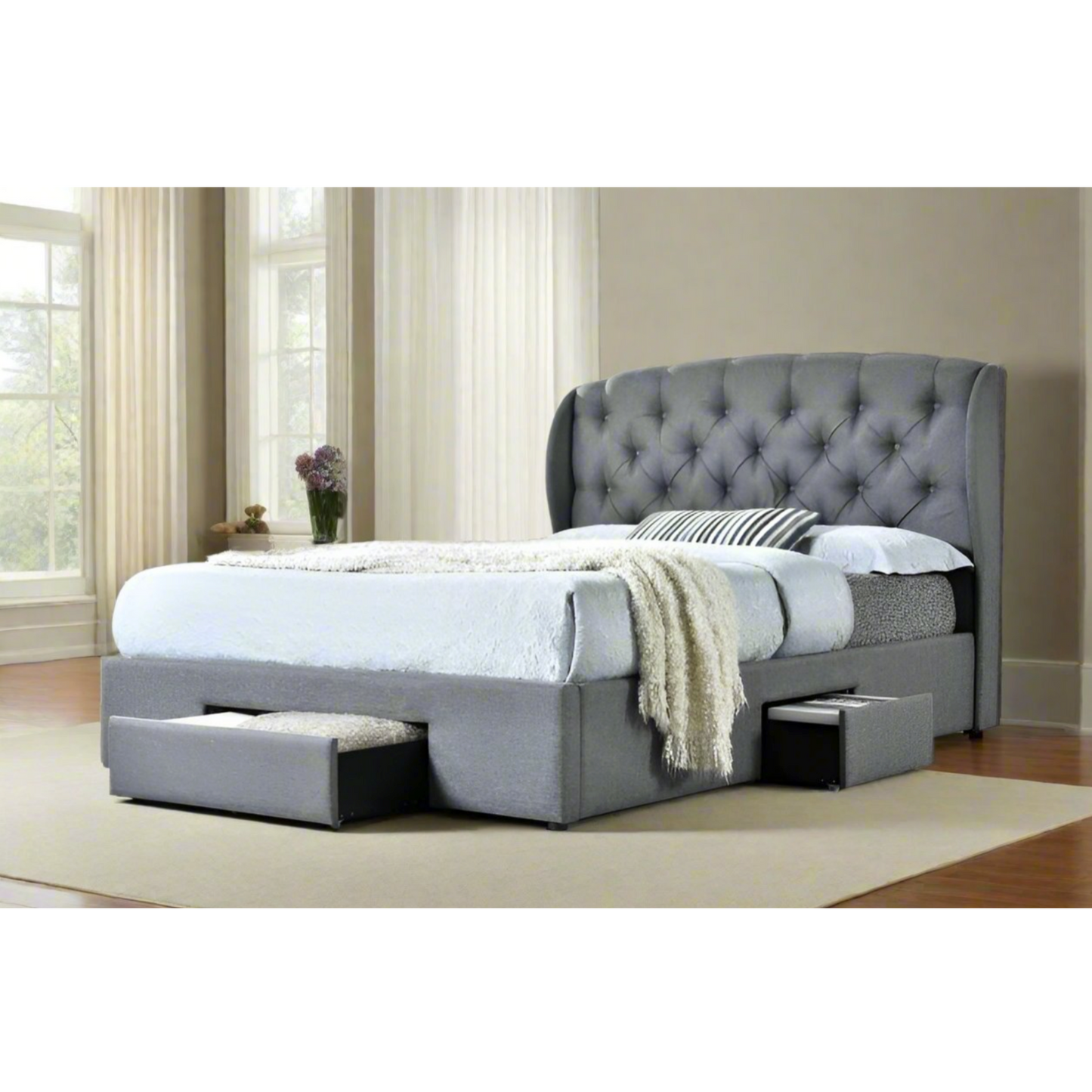 HEQS henry fabri bed in grey with built in 3 draws