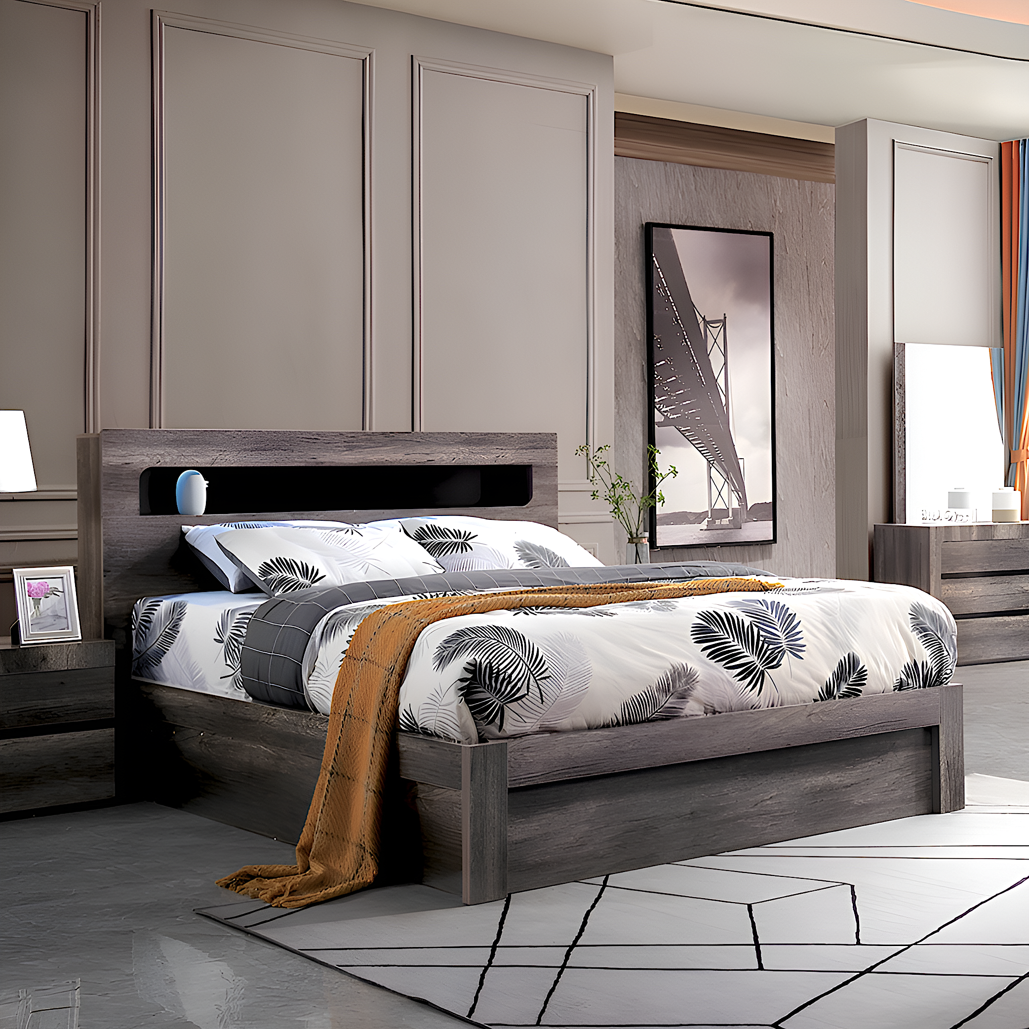 Infinity bed with LED ligths in headboard