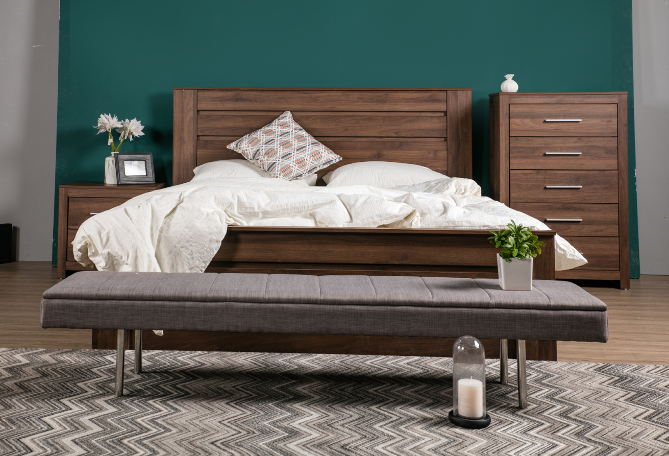 Jason Queen Bed Walnut, bedside table, tallboy