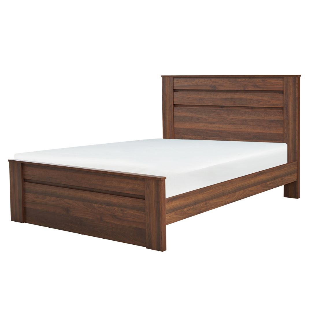 Walnut timber colour bed frame double or queen size with flat penal board support (not slats)