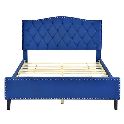 Jessie upholstered platform bed frame in velvet blue - available in double and queen size