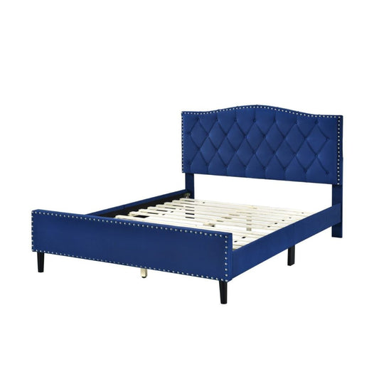 Blue bed frame in queen or double with slats and button bedhead