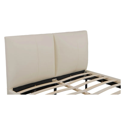 Close-up of Lara cushioned headboard – upholstered in beige faux air leather with soft foam padding