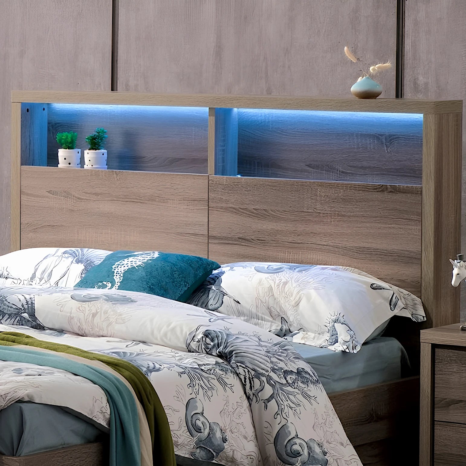 London bed frame with led light headboard and bookshelf in mocha oak
