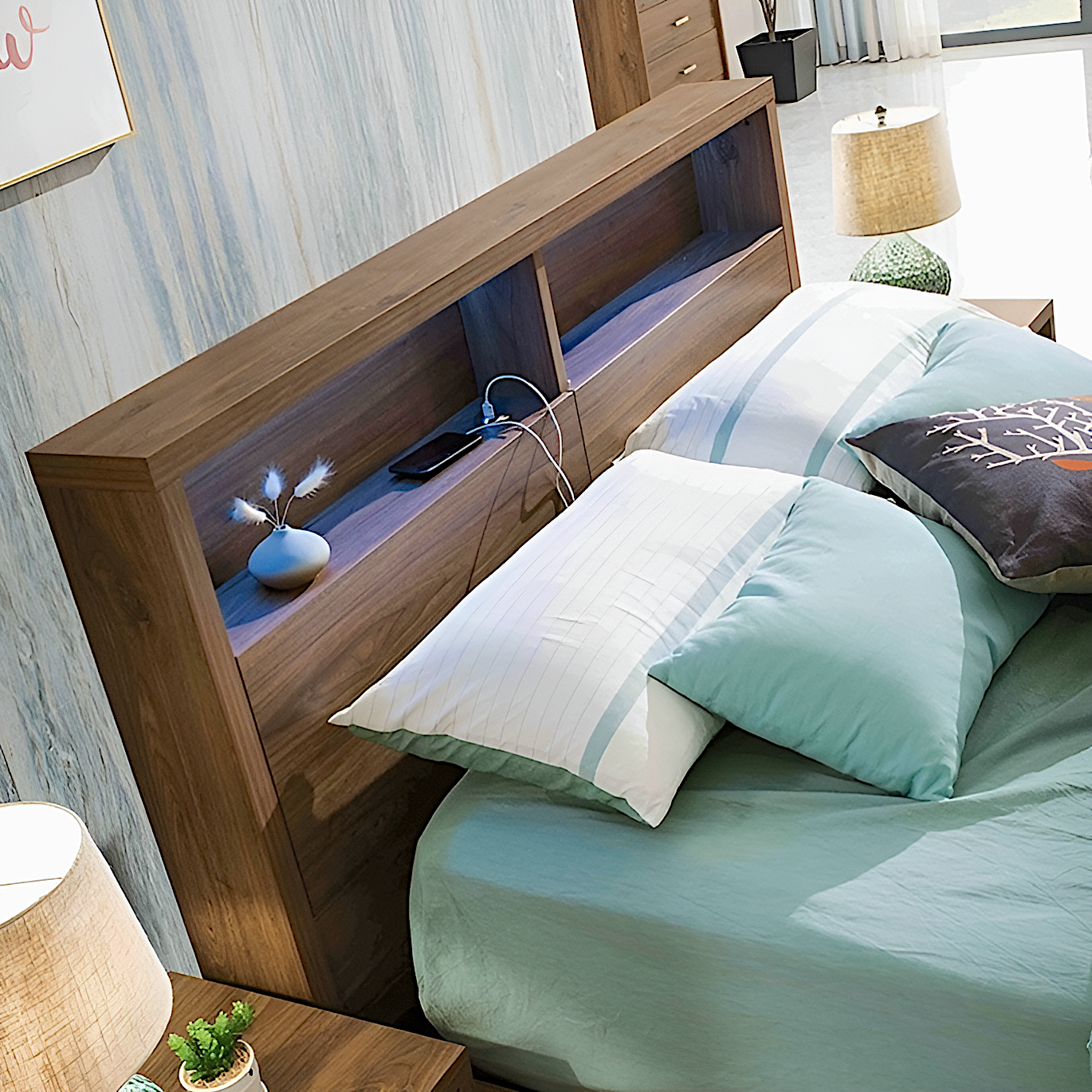 London bed with led lights in headboard, walnut colour