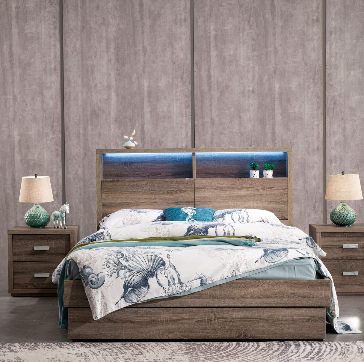 London king size bed with led lights in headboard and usb