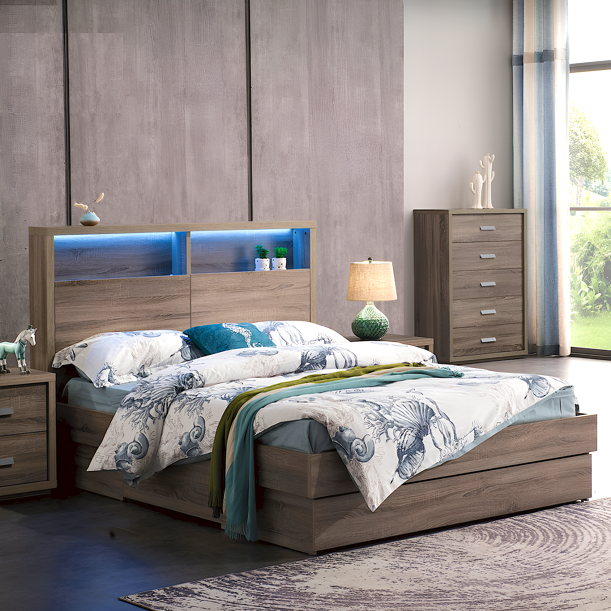 London - Mocha oak colour queen bed with gas lift storage
