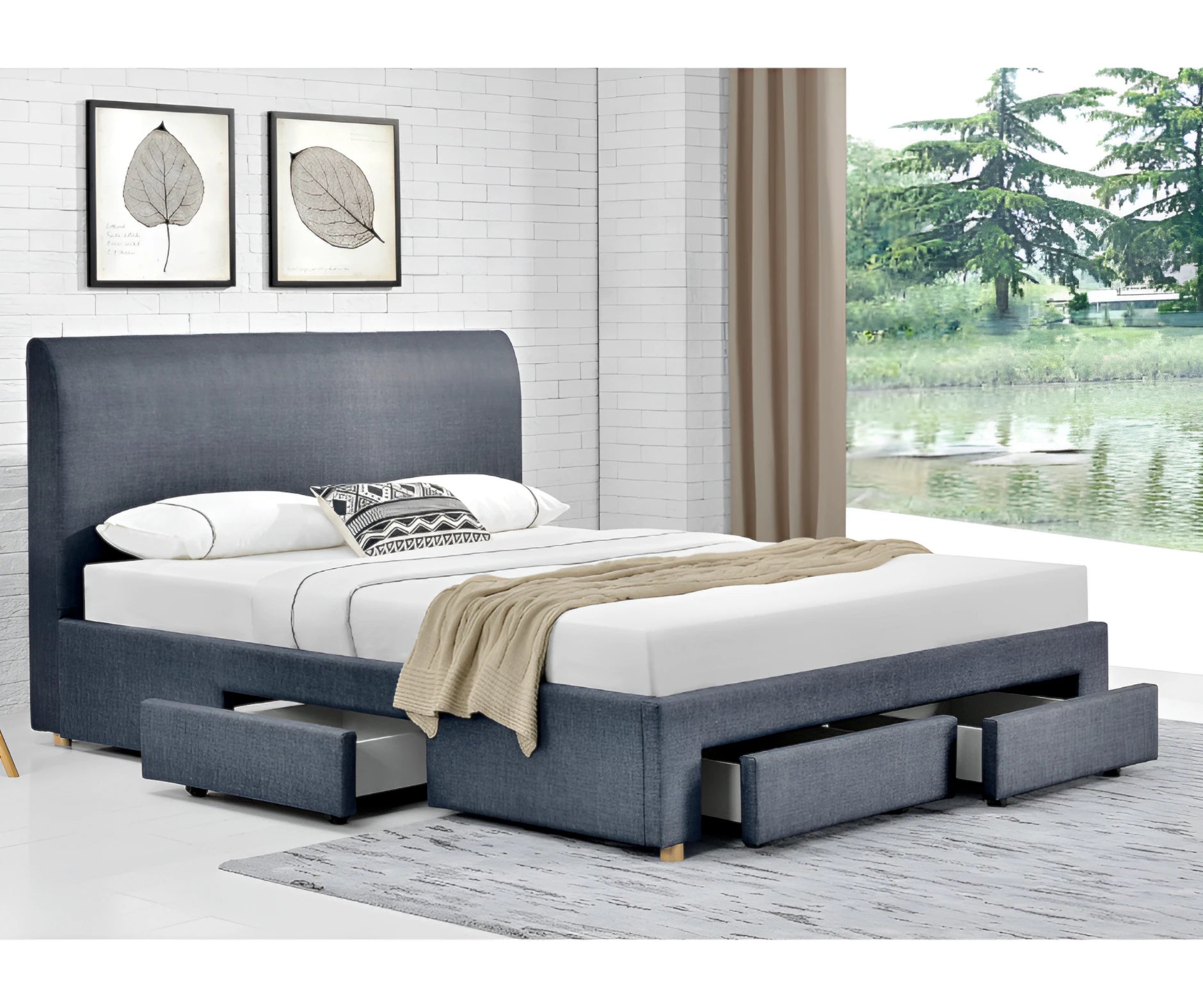 Lucas dark grey fabric bed frame with drawers in modern bedroom – double or queen size platform bed with curved headboard