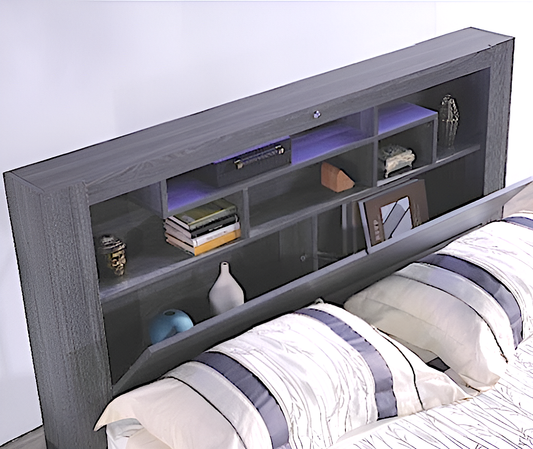 Madrid queen bed with LED lights in headboard and book shelf
