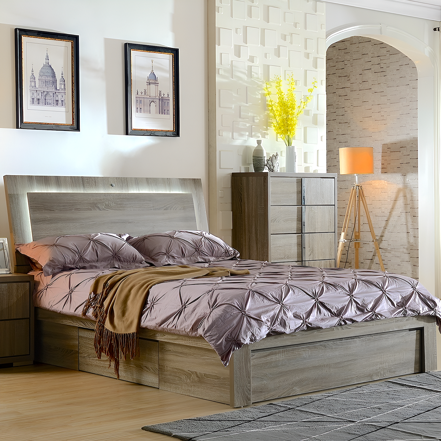 Manhattan oak bed with led lights in headboard