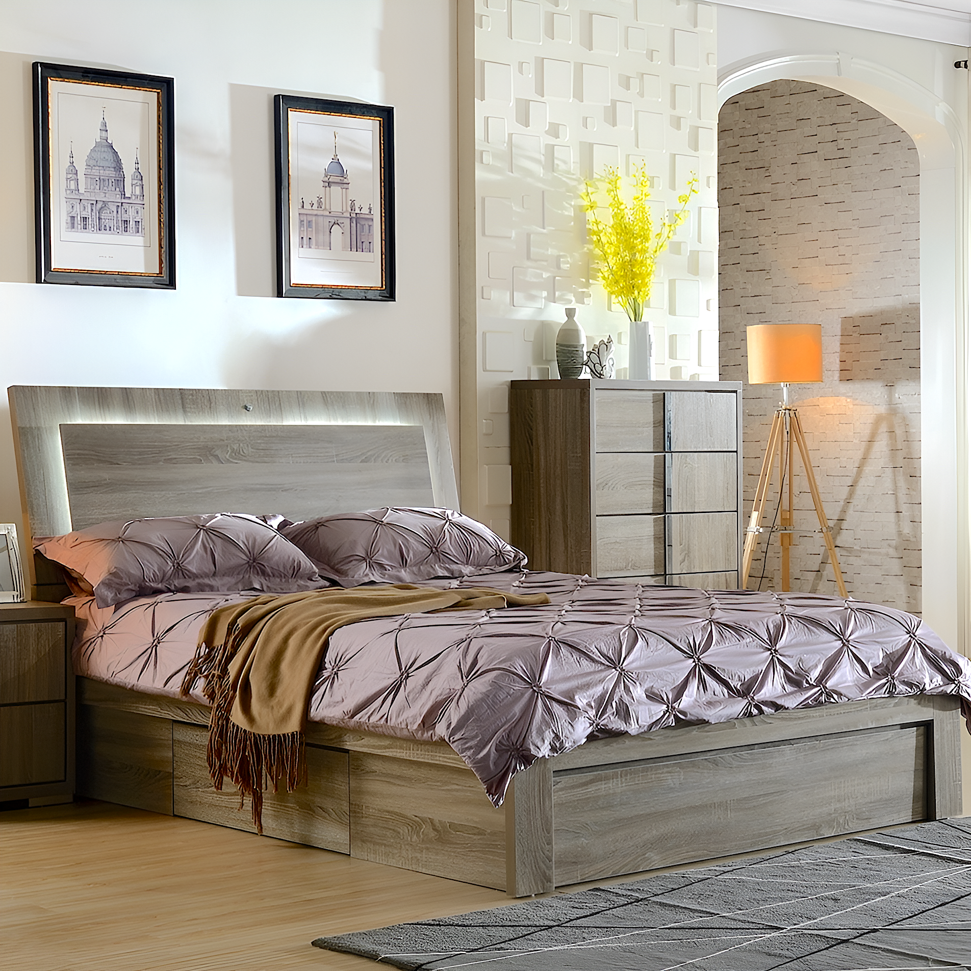 Manhattan oak bed with led lights in headboard