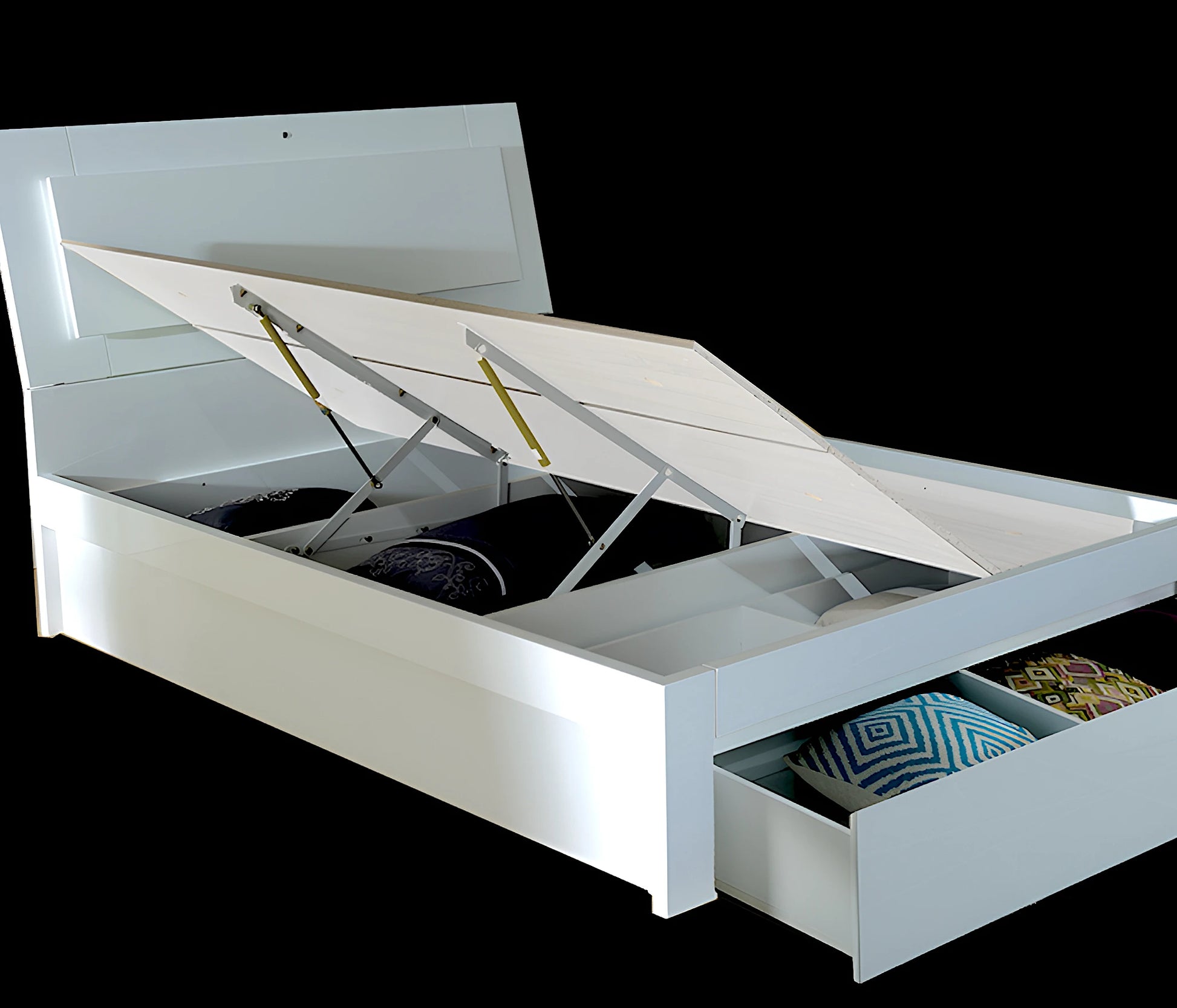 Manhattan bed frame with side gas lift and big end drawer in gloss white