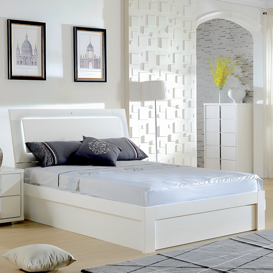 Manhattan white queen bed with led lights in headboard