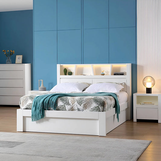 Massa bed frame in gloss white colour, comes with led light headboard, USB charger, gas lift base and drawers base