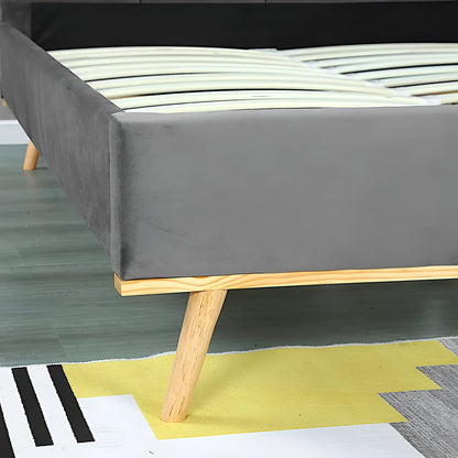 Matthew bed frame in velvet grey with solid timber legs