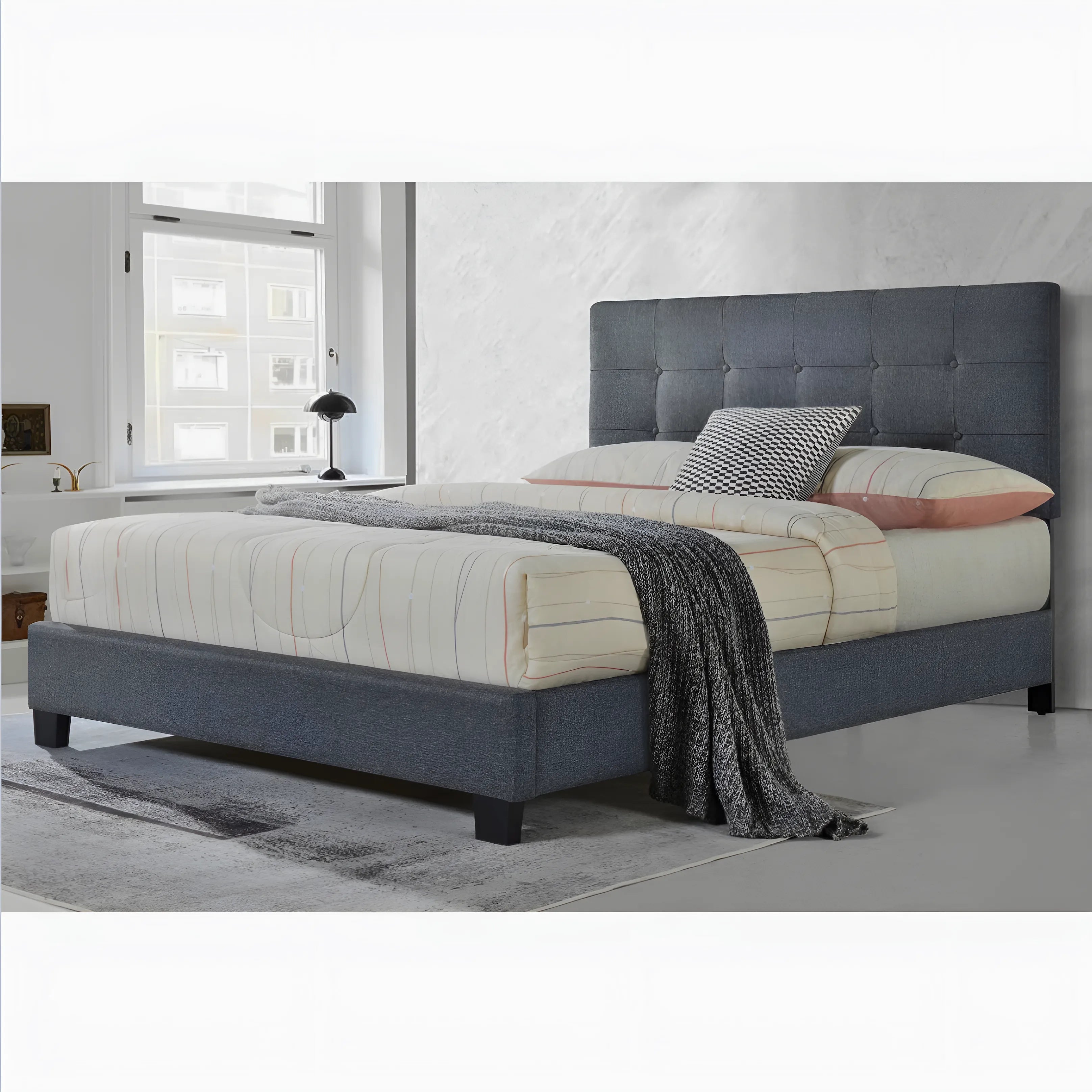 Melton upholstered platform bed frame in dark grey - available in double, queen and king size