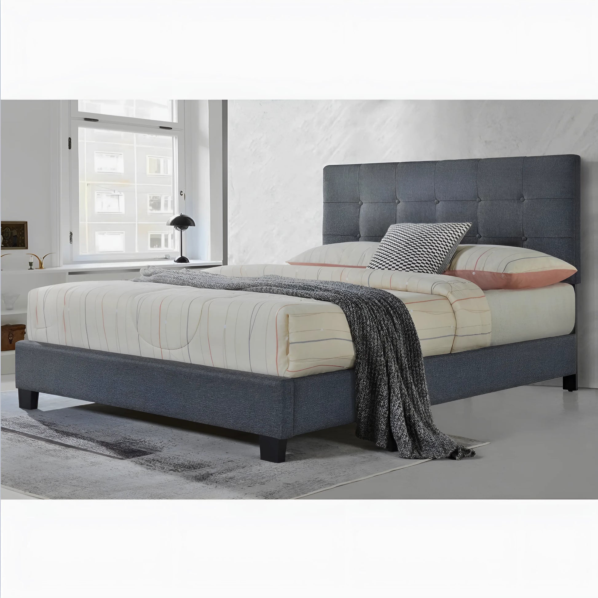 Melton upholstered platform bed frame in dark grey - available in double, queen and king size