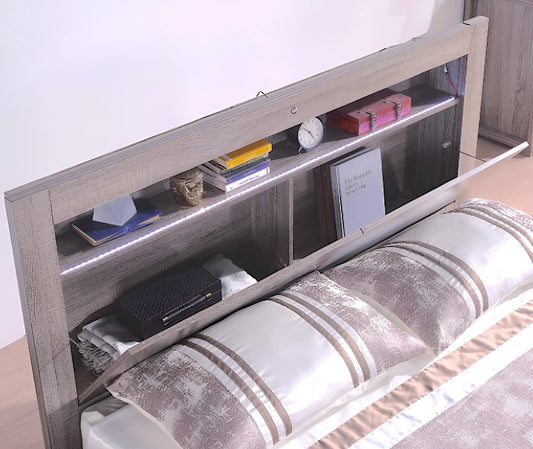 Milan bed frame with LED lights, storage and bookshelf in headboard