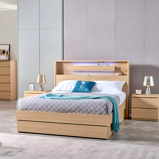 Nova queen bed with storage, bed with led lights in headboard, bed with book shelf