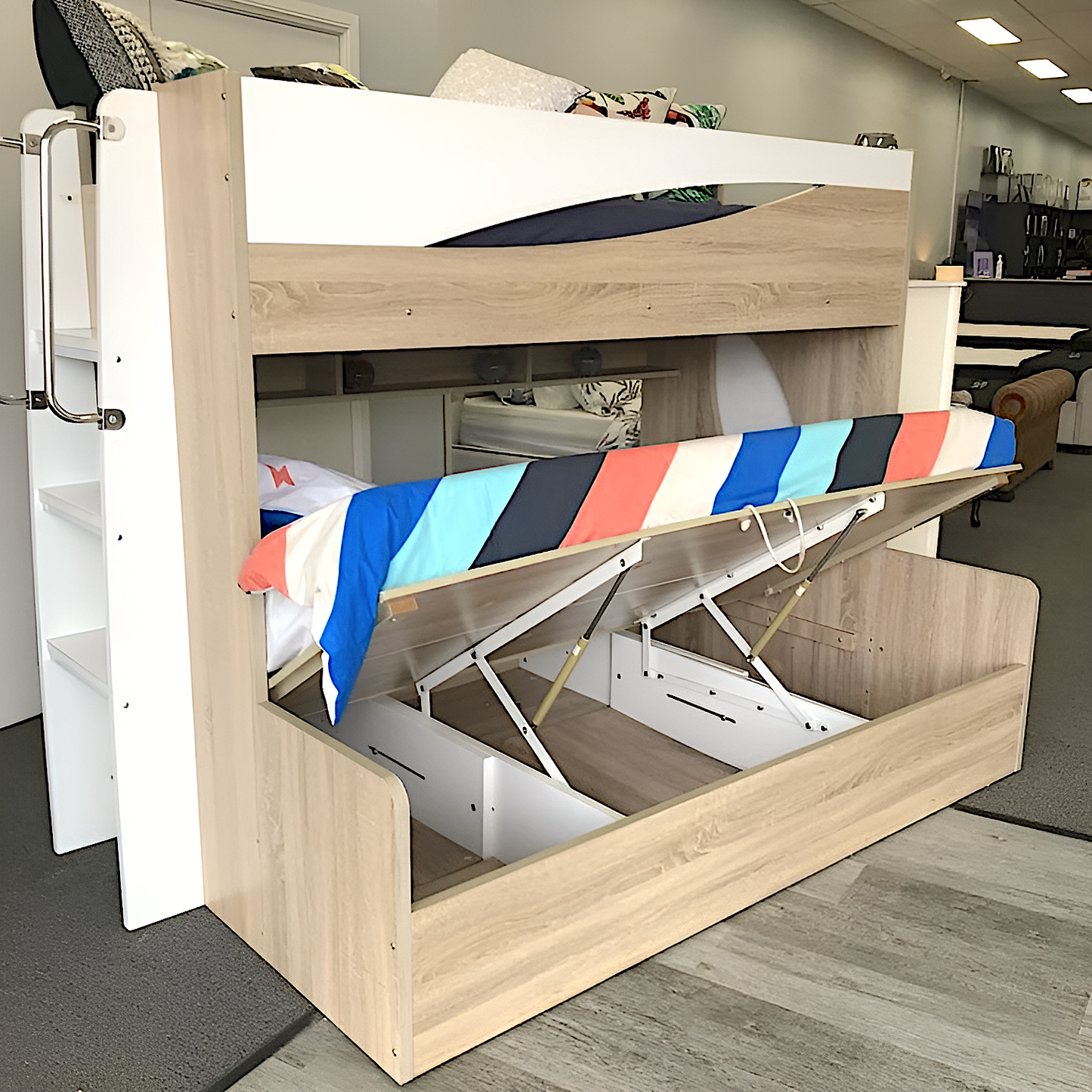 Olive childrens bunk beds - single on double bunk bed with gas lift storage