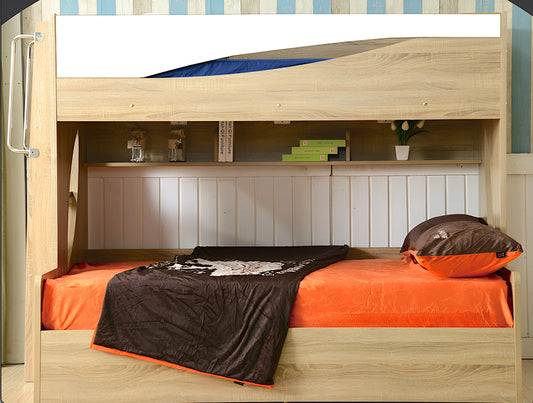 Olive bunk bed - Single over double with gas lift storage, built in bookshelf and stairs on the side