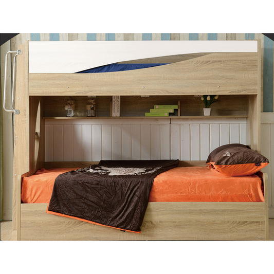 Olive bunk, single over double, gas lift, book shelf, ladder