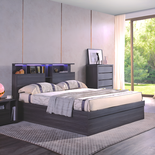 Paris Electric Lift Bed with LED lights in headboard, book shelf and USB charger. Walnut Colour.