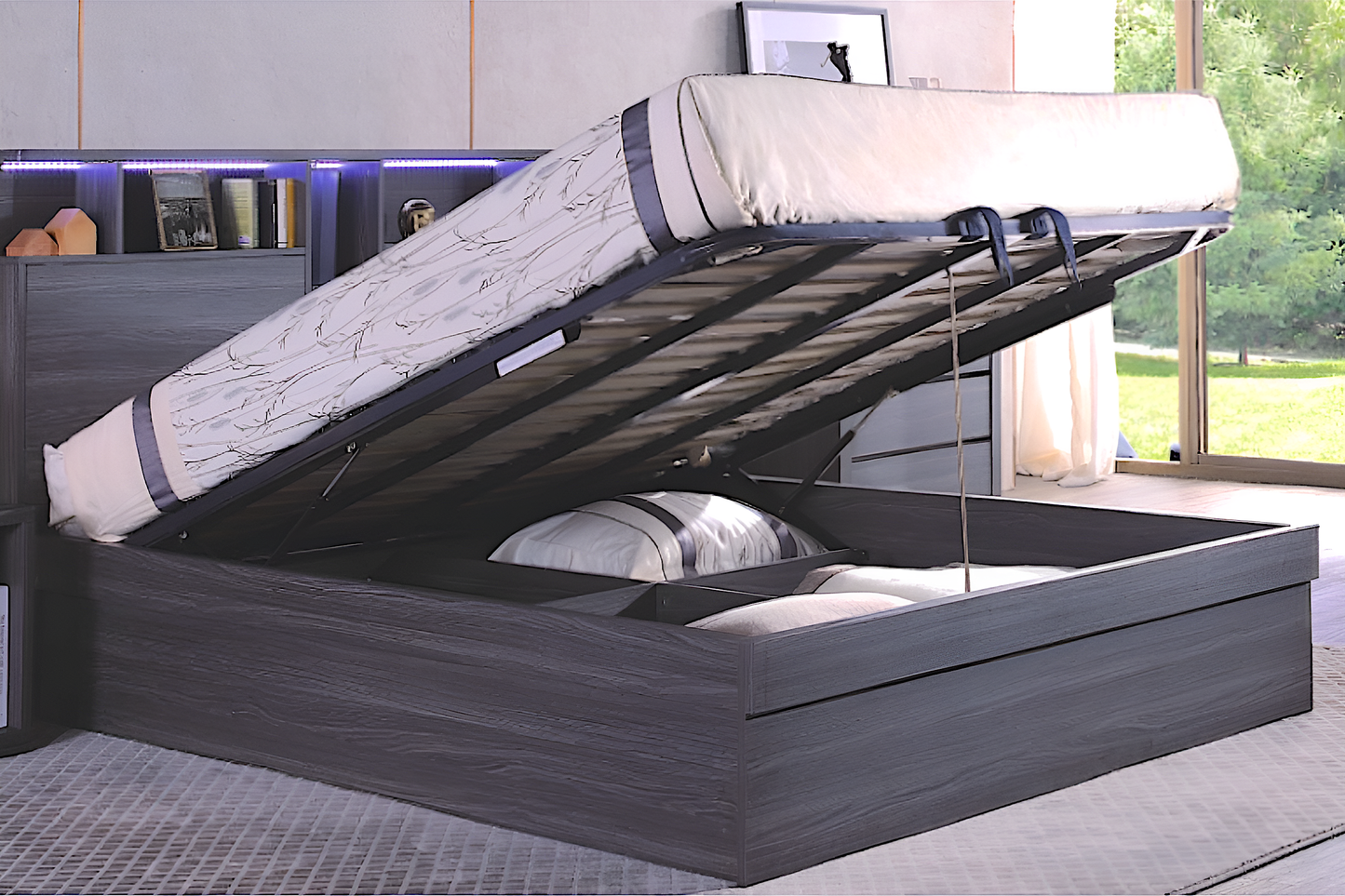 Paris Gas Lift Bed with LED lights in headboard, book shelf and USB charger. Walnut Colour.