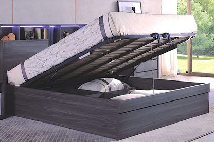 Paris Gas Lift Bed with LED lights in headboard, book shelf and USB charger. Walnut Colour.