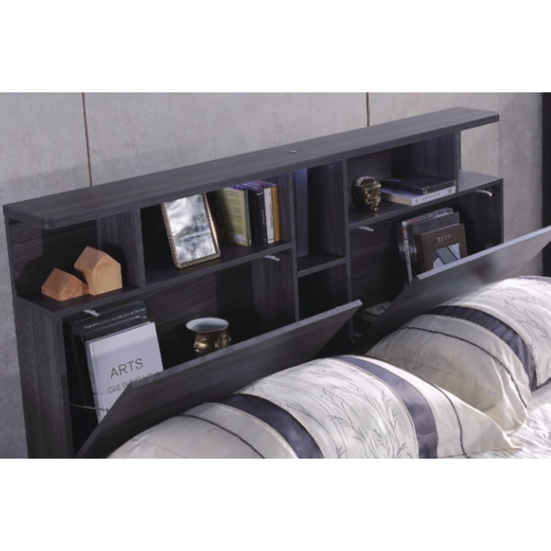 Paris Walnut colour bedhead with open storage book shelf LED light USB charger and drawers