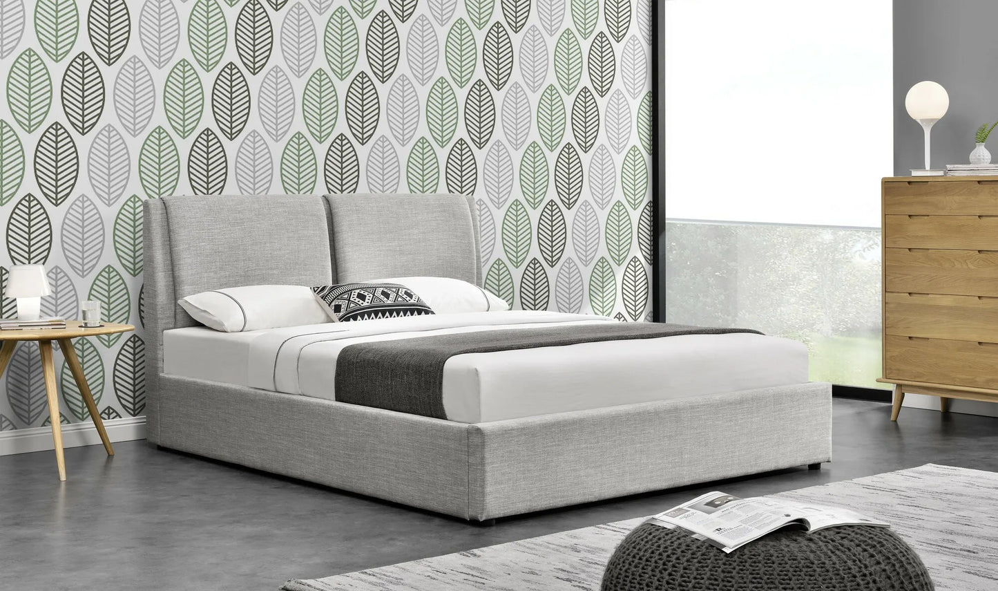 Rebecca storage bed – gas lift base – light grey fabric with soft upholstered headboard – double or queen