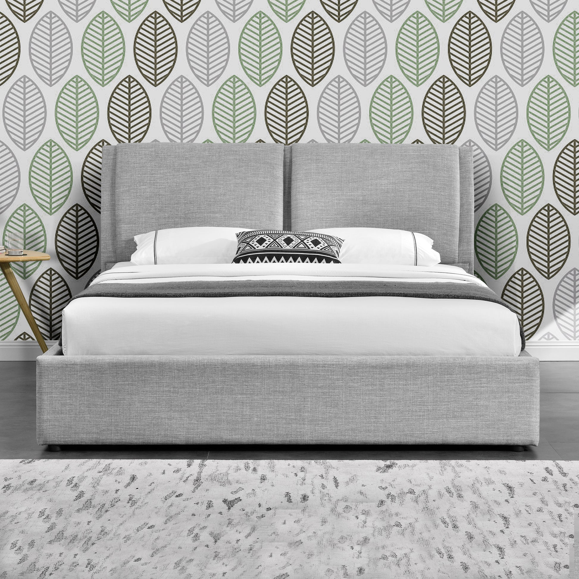Rebecca light grey gas lift bed frame with upholstered headboard