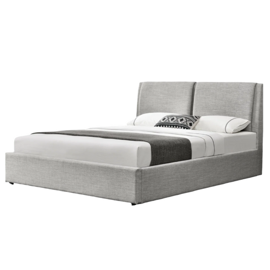 Rebecca bed frame with gas lift in light grey colour and fabric headboard