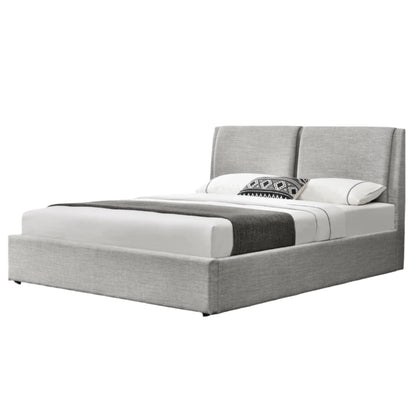 Rebecca fabric bed frame in light grey with gas lift storage and soft cushioned headboard – available in double and queen size