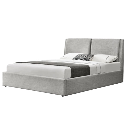 Rebecca fabric bed frame in light grey with gas lift storage and soft cushioned headboard – available in double and queen size