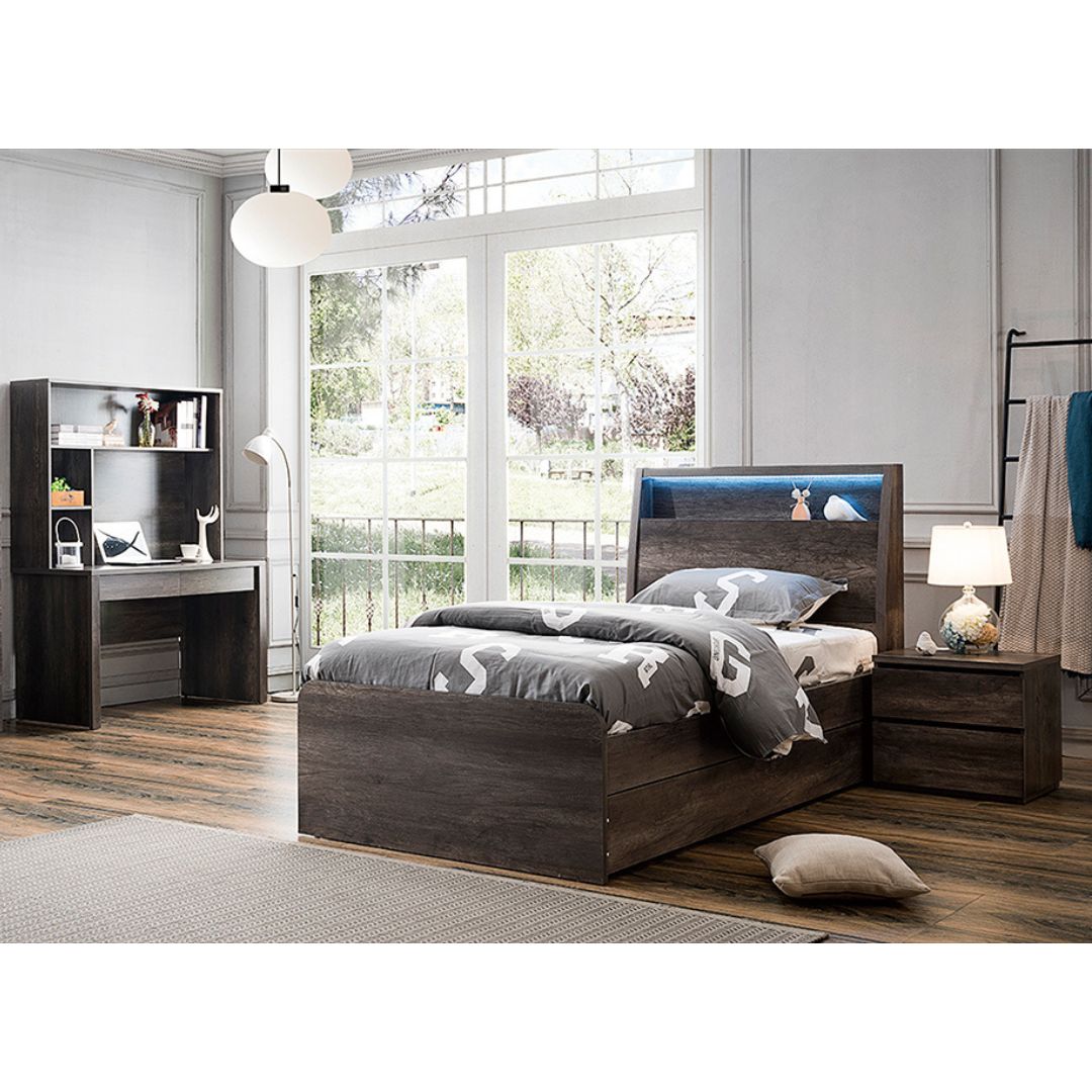 summit single bed frame in charcoal color, this is a trundle bed with storage bed head, LED light and wireless charger. Also available in King single size.