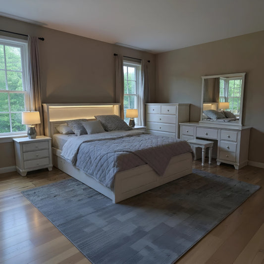 Toulouse bed frame in white with gas lift storage, LED light and bookshelf. available in queen and king size