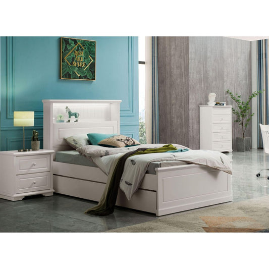 Vangogh Bed - King Single Bed Frame in Ivory White with Trundle, Bedhead with LED Light, USB charger and Open drawer storage. It comes with Matching Bedside and tallboy