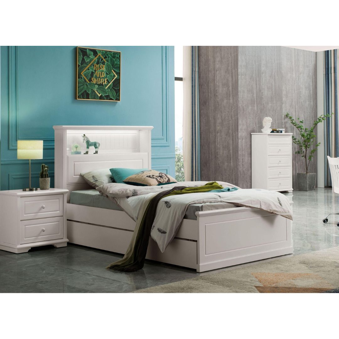 Vangogh king single size bed frame with trundle base, color is white