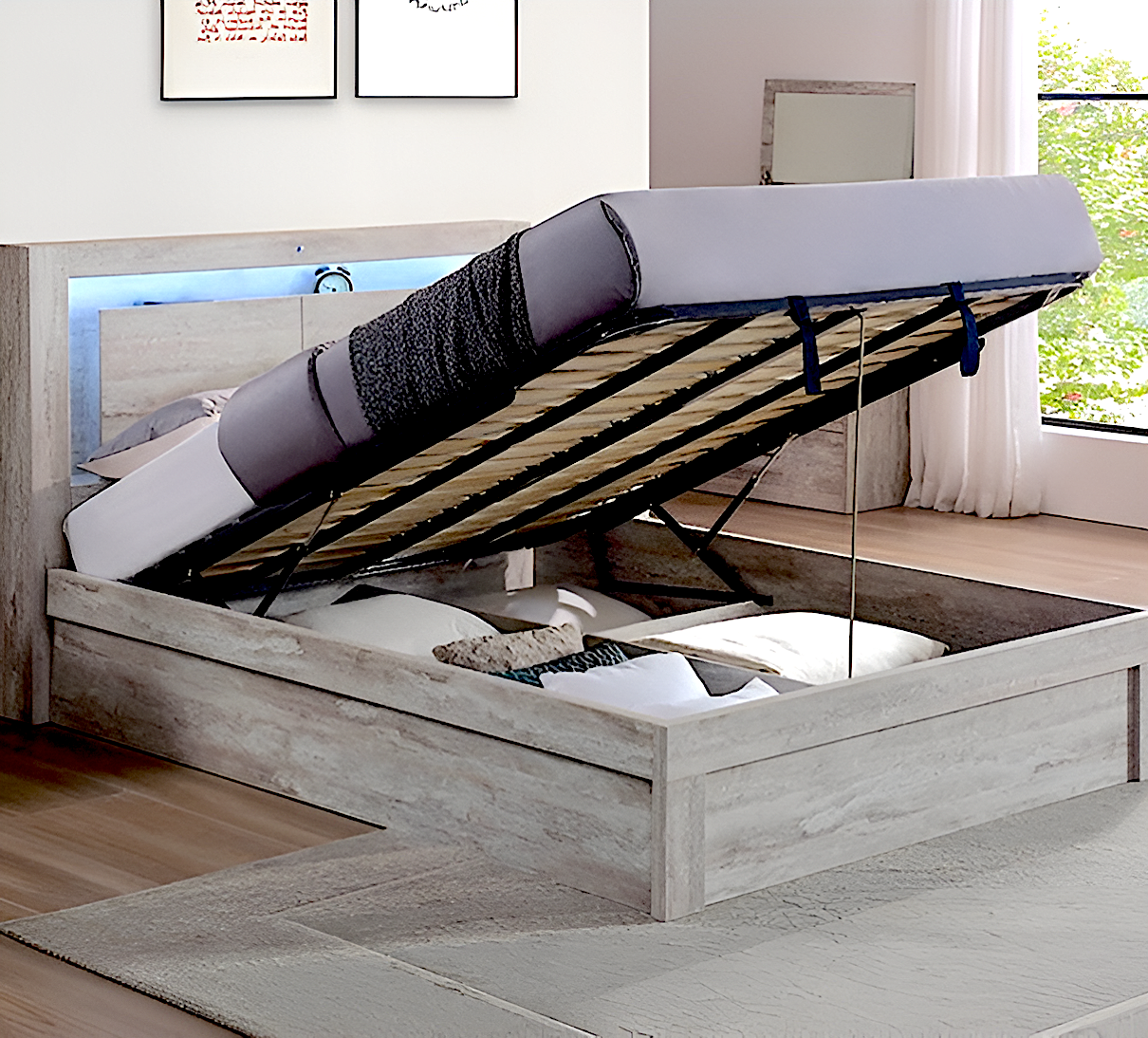Victoria queen size bed frame with gas lift storage underneath