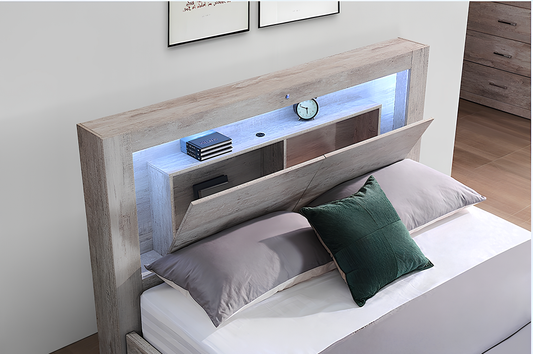 Victoria queen size bed with LED lights and book shelf in headboard