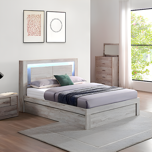 Victoria queen size bed frame with gas lift in washed oak colour, bed with led lights in headboard and shelves