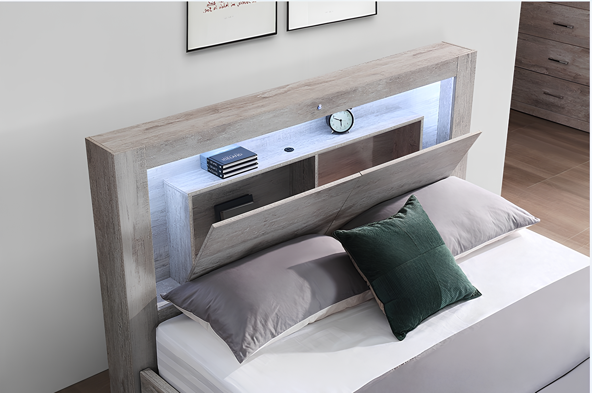 victoria bedhead with open storage, LED light and USB charger