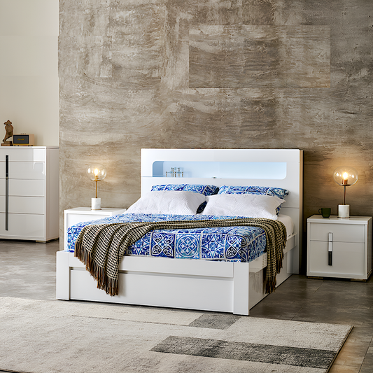 Washington queen size bed frame in gloss white colour, bed with led lights in headboard and book shelf