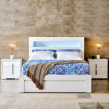 Washington queen gas lift bed with led lights in headboard, book shelf and USB charger.