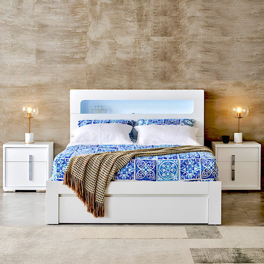 Washington queen gas lift bed with led lights in headboard, book shelf and USB charger.